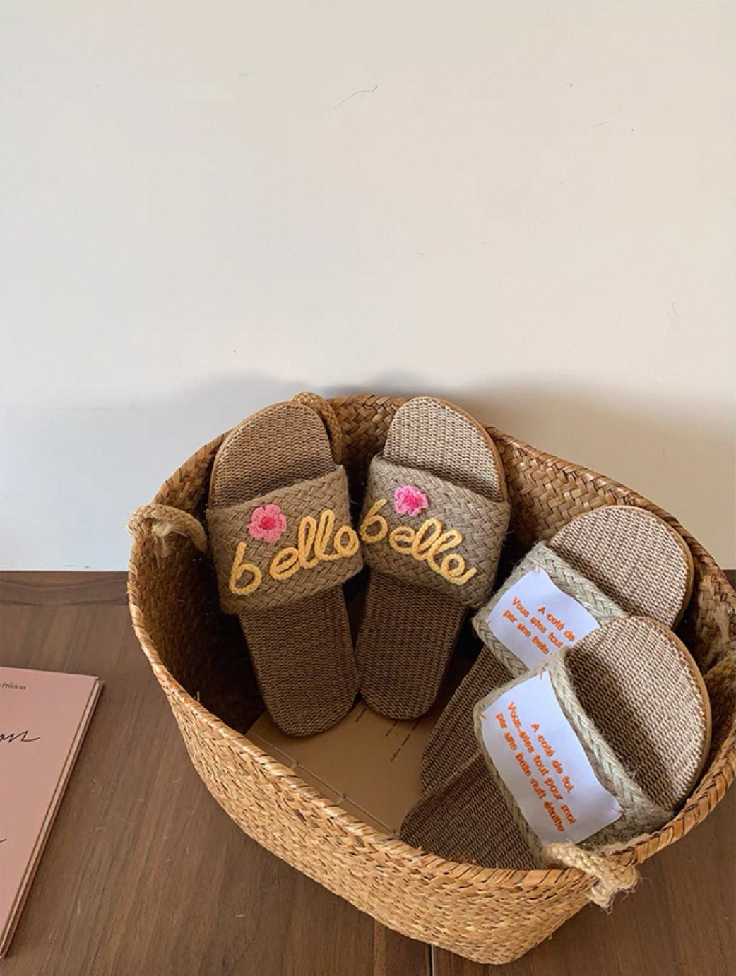 Custom Handwoven Straw Bag & Linen Slippers Set Personalized Summer Beach Tote Embroidered Slides Boho Vacation Gift